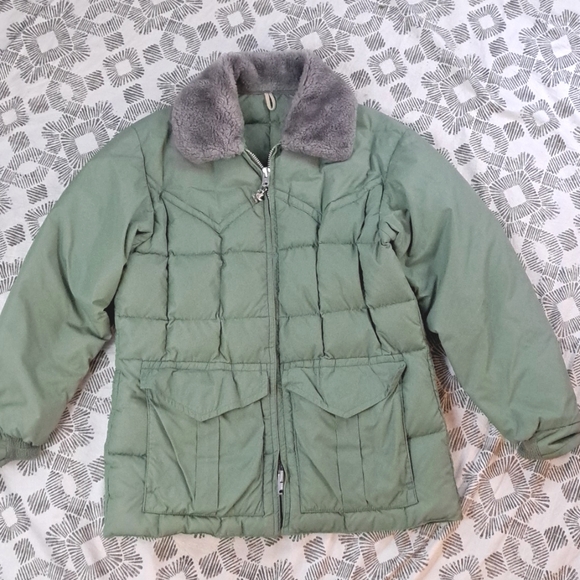 Vntg OLIN Comfy Laramie Green Puffer Goose Down Jacket Sherpa Fleece Collar SzML - Picture 12 of 12